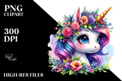 Cute Unicorn with Floral Wreath PNG Product Image 2