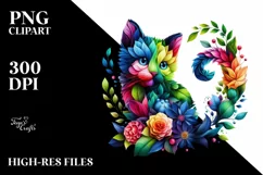 Abstract Vibrant Watercolor Kitten with Flowers PNG Product Image 3