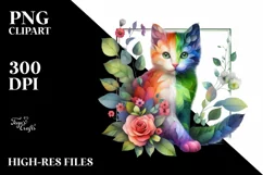 Abstract Vibrant Watercolor Kitten with Flowers PNG Product Image 1