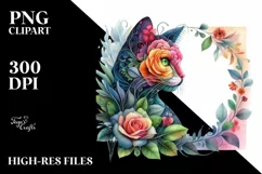 Abstract Vibrant Watercolor Kitten with Flowers PNG Product Image 1