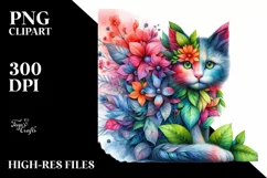 Abstract Vibrant Watercolor Kitten with Flowers PNG Product Image 3