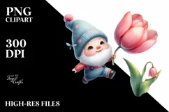Floating Cute Gnome with Tulip | Watercolor Clipart Product Image 1