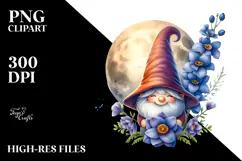 Cute Gnome with Delphinium on Moon PNG Product Image 2