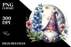 Gnome with Moon Delphinium PNG Product Image 2
