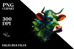 Abstract Vibrant Cow with Plant Leaves PNG Product Image 2