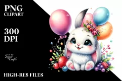 Colorful Smiling Baby Bunny with Party Balloons | Product Image 1