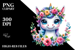 Cute Baby Unicorn with Floral Wreath PNG Product Image 2