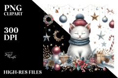 Cute Watercolor Cat with Christmass Decorations PNG Product Image 2