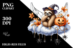 Watercolor Halloween Sloth Sitting on Cloud PNG Product Image 2