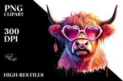 Digital Pink Highland Cow with Heart Sunglasses PNG Product Image 2