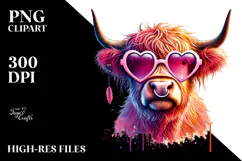 Digital Pink Highland Cow with Heart Sunglasses PNG Product Image 2