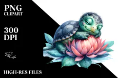 Baby Turtle Sleeping on Flower, PNG Product Image 2