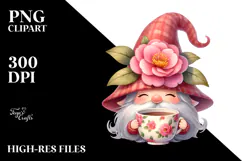 Cute Gnome with Camellia, White Background PNG Product Image 2