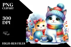 Cute Watercolor Cat with Christmas Decorations PNG Product Image 1