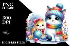 Cute Watercolor Cat with Christmas Decorations PNG Product Image 2