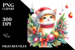 Cute Watercolor Cat with Christmas Decorations PNG Product Image 2