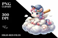 Baby Unicorn with Baseball on Cloud | Sublimation | Clipart Product Image 1