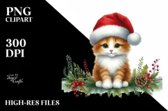 Cute Watercolor Cat with Christmas Decorations PNG Product Image 1