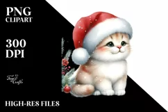 Cute Watercolor Cat with Christmas Decorations PNG Product Image 1