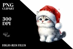 Cat with Santa Hat Watercolor Christmas PNG Product Image 1