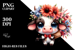 Watercolor Baby Cow Large Flower Bouquet Clipart Product Image 2