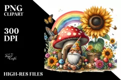 Gnome House with Sunflower and Rainbow | Watercolor Clipart Product Image 1