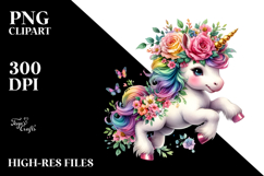 Cute Baby Unicorn with Floral Wreath, Watercolor PNG Product Image 2