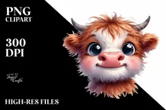 Watercolor Simple Funny Baby Face with Highland Cow PNG Product Image 1