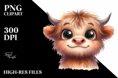 Watercolor Simple Funny Baby Face with Highland Cow PNG Product Image 3