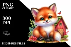 Baby Fox Sitting with Barn | Watercolor Clipart Product Image 1