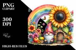 Gnome House with Sunflower and Rainbow | Watercolor Clipart Product Image 3