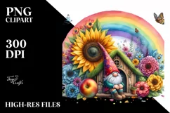 Gnome House with Sunflower and Rainbow | Watercolor Clipart Product Image 1