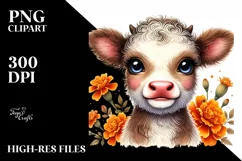 Smiling Baby Cow with Marigold PNG Product Image 2