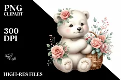 Detailed Watercolor Boho Cute Baby Polar Bear with Rose Product Image 1