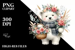 Detailed Watercolor Boho Cute Baby Polar Bear with Rose Product Image 1