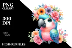 Cartoon-Style Macaw Sitting with Flower Crown PNG Product Image 2