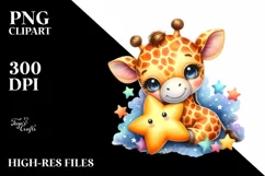 Colorful Watercolor Baby Giraffe Cuddling Star | Sublimation Product Image 1