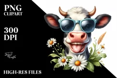 Watercolor Proud Cow with Sunglasses and Daisy Product Image 1
