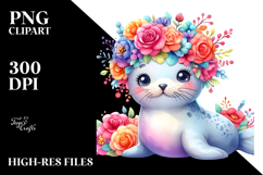 Cute Cartoon Seal Flower Crown Clipart Product Image 2