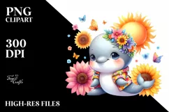 Watercolor Baby Dolphin Whimsical Flowers Clipart Product Image 3