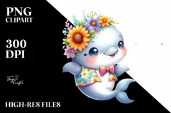 Watercolor Baby Dolphin Whimsical Flowers Clipart Product Image 3
