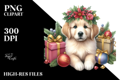 Cute Watercolor Golden Retriever with Christmas Gifts PNG Product Image 2