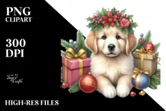 Cute Watercolor Golden Retriever with Christmas Gifts PNG Product Image 3