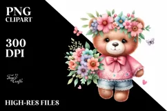 Watercolor Baby Bear Whimsical Flowers Clipart Product Image 1