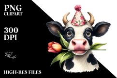 Cow Watercolor Cow with Tulip in Mouth | Sublimation Clipart Product Image 3