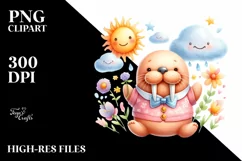 Watercolor Baby Walrus Sun Clouds Clipart Product Image 1