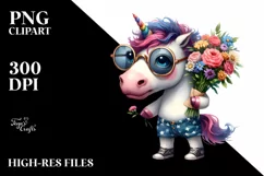 Unicorn in Sunglasses Holding Flower Bouquet | Clipart Product Image 1
