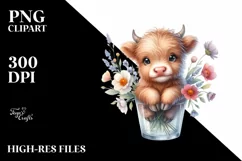 Cute Highland Cow Smiling in Flowers Watercolor Product Image 1