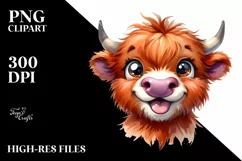 Watercolor Simple Funny Baby Face with Highland Cow PNG Product Image 3