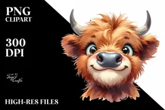 Watercolor Simple Funny Baby Face with Highland Cow PNG Product Image 1